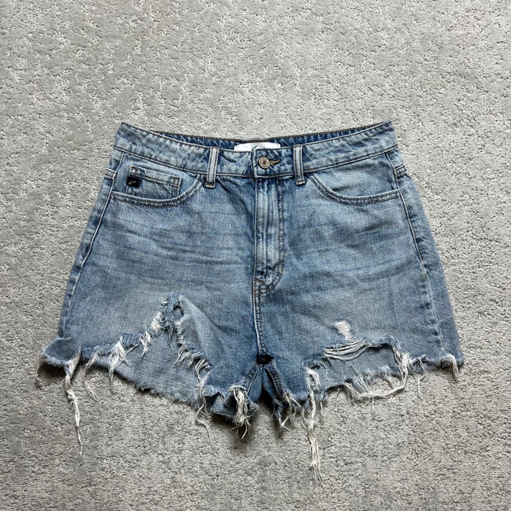 KanCan Jean Shorts Womens Medium Blue Light Wash Denim High Rise Distressed Hem
